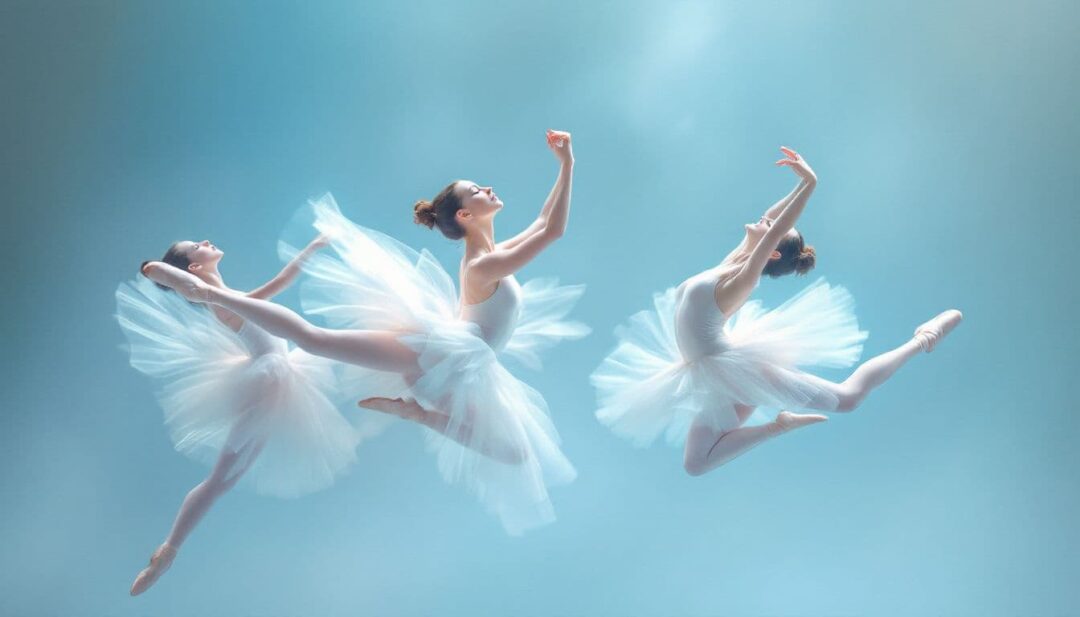 Ballet dancers maintaining balance during a complex movement.